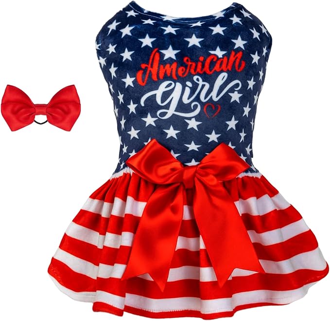 CuteBone Dog Dresses Velvet 4th of July Small Dogs Clothes Onesie Pet Apparel Girl Puppy Skirt with Bow Hair Rope CVA39M-D