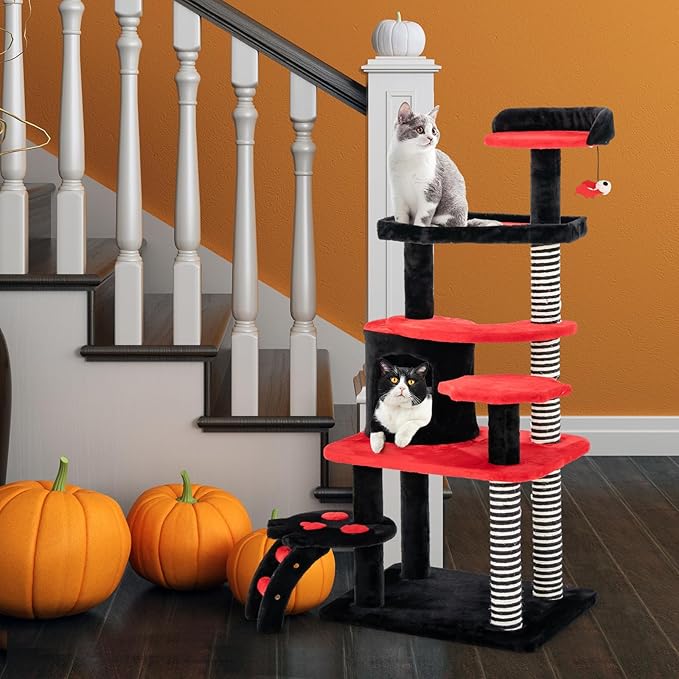 PETSITE Gothic Cat Tree - 52 Inch Tower with Sisal Scratching Post, Coffin Bed, Cat Condo, Ladder and Bat-Shaped Ball, 6-Tier Goth Cat Tree for Indoor Cats