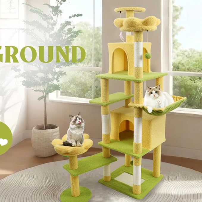 71 inch Flower cat Tree with Large condo Removable Flower Cushion and Hammock Yellow