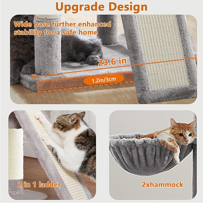 84.6in Cat Tree, Patent Fabric Multilevel Cat Tower for Adult Cats, Climbing Tree House and Towers with Condo Hammock Scratching Post Large Platform Wide Base