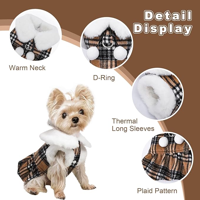 Dog Sweater with Leash Set D Ring Plaid Fleece Dog Clothes for Small Dogs Girl Boy Winter Puppy Dress Cold Weather Coat Fall XXS Sweater for Chihuahua Yorkie Cat Doggy Costumes, Khaki, S