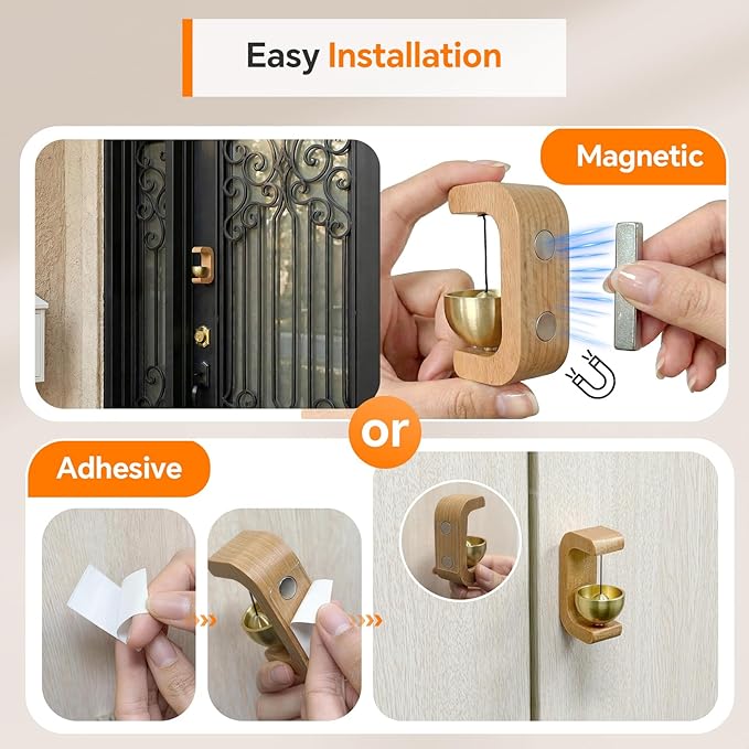 Magnetic Shopkeepers Bell for Door Opening – Vintage Wooden Door Chime & Wireless Brass Doorbell for Business Entrance, Store, Fridge – Dopamine Decor Wind Bell with Gentle Sound, Housewarming Gift