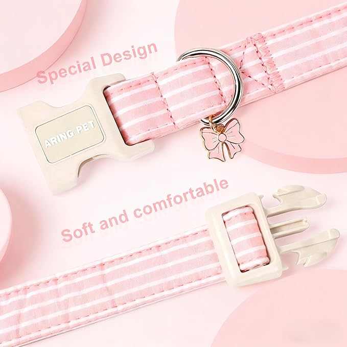 ARING PET Stripe Dog Collar, Cute Spring Summer Pink Stripe Pet Collars with Bow Charm for Puppy Small Medium Large Female Girl Dogs-L, for Daily Outdoor Walking Training