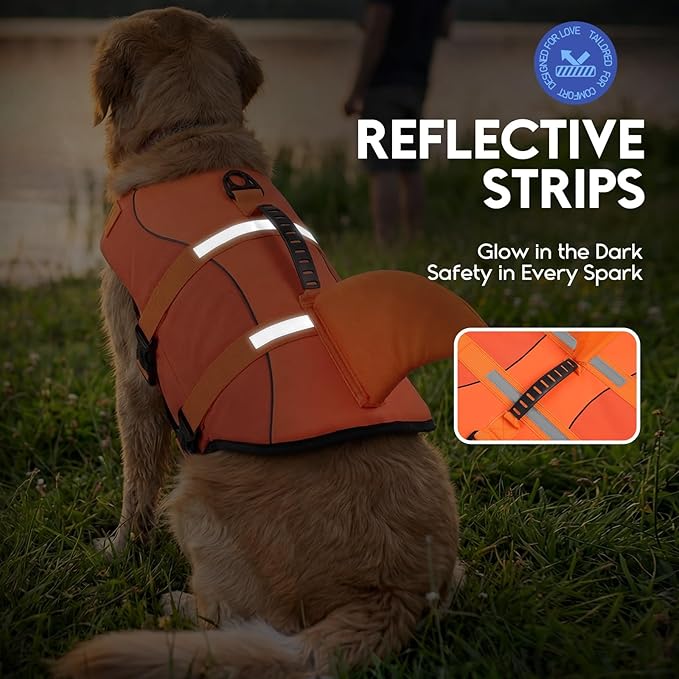 ASENKU Dog Life Jacket - Pet Safety Vest for Swimming & Boating, Shark Life Jacket with Floatation, Dog Lifesavers Swimsuits for Small Medium Large Dogs (OrangeMix, XL)