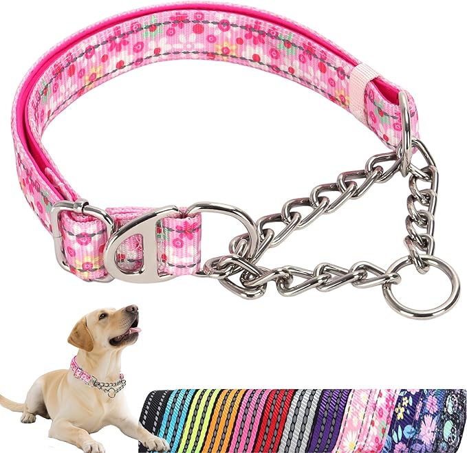 Martingale Collar for Medium Dog with Chain，Reflective & Padded Comfortable & Safe No-Pull Dog Collar for Training & Walks（Pink M