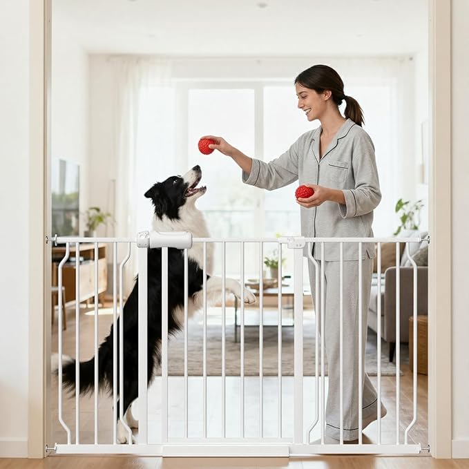 TSAYAWA Walk Through Baby Gate with Door, 53-57.48 Inch Wide Presure Mounted No Drill Metal Auto Close Child Gate for Stair Doorway - Indoor Outdoor Safty Gate for Toddler Dog Doggie, White