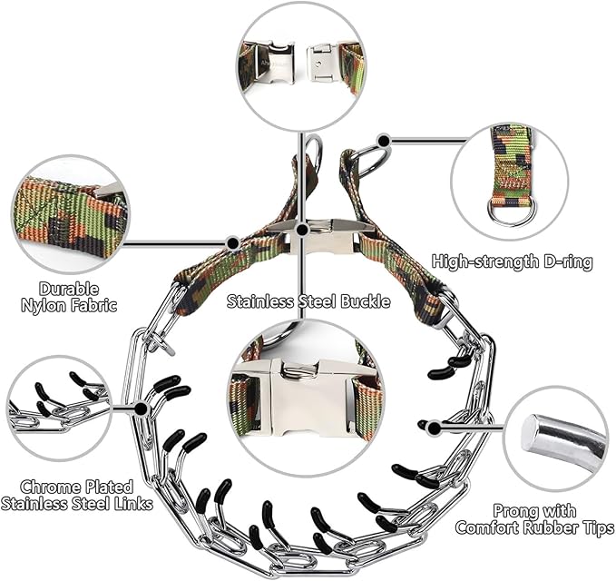 Dog Training Collar, Dog Prong Collar,High Strength Quick Release Metal Buckle,Comfort Rubber Tips,for Medium Dogs(3.0mm, 19.6-Inch, Camouflage Green)