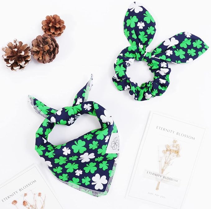 E-Clover St Patrick Dog Bandana Boy & Matching Scrunchie Set Shamrock Lucky Dog Bandanas Scarf with Bow Hair Ties for Small Puppy Dogs Pet Owner Mom Green Spring