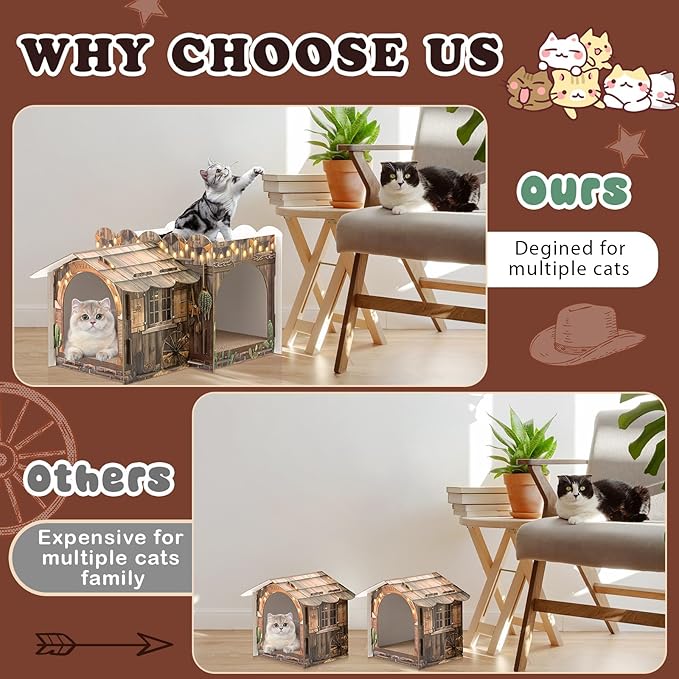 2 Story Cardboard Cat House with Scratcher Pad for Small Kitten,17x12x10 Multi Level Durable Cat Condo & Villa for Bunny Rabbit Small Animals Christmas Birthday Gift(17x12x10,Western)