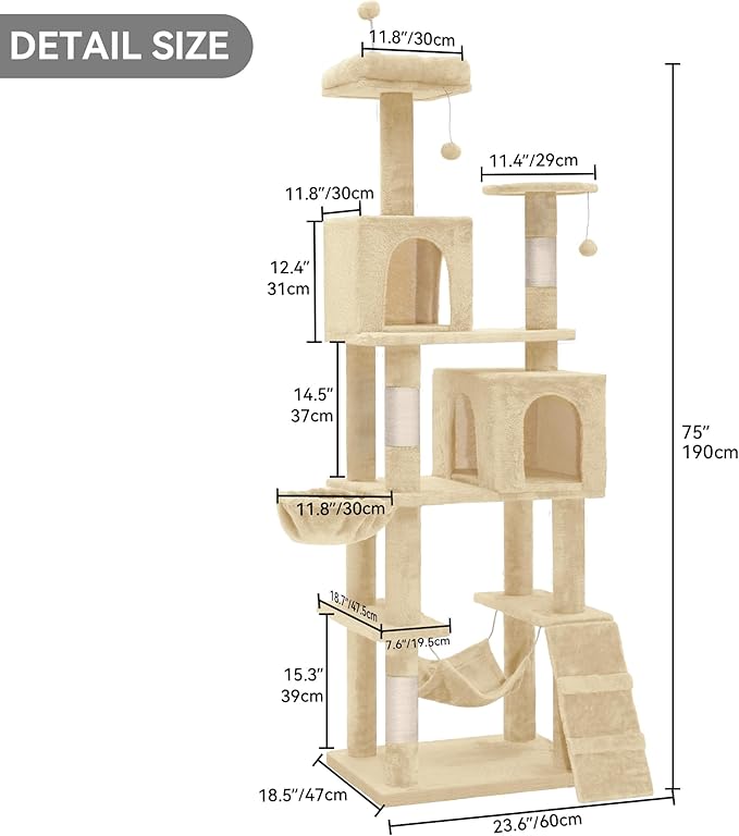 DWVO 190.5 cm Tall Heavy Duty Cat Trees for Large Cats, 75inch Maine Coon Tower for Indoor Large Adult with Snug Hammock, Climbing Ladder, and Plush Balls Adult Cats,Beige