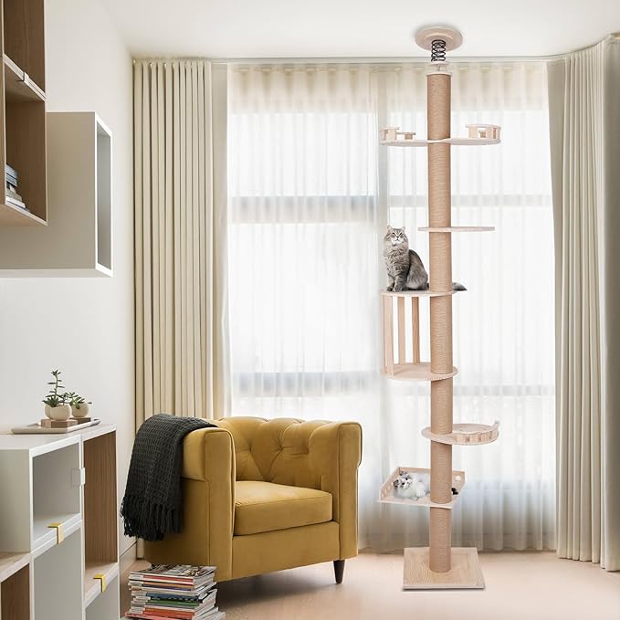 100.4-104.3" Tall Wood Cat Tower Tree Wall, Floor to Ceiling Cat Tree 5 Tiers Cat Tower with Sisal Scratching Climbing Posts Load About 15-20Kg/30.07-44.09Lbs in The Living Room, Bedroom