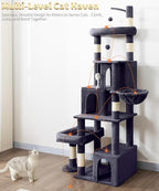 Heavy Duty Cat Tree for Indoor Cat, 74 Inch Cat Tower with Scratching Post, Hanging Basket, Cat Condo with Large Platform for Large Cats, PMT04DG, Dark Grey