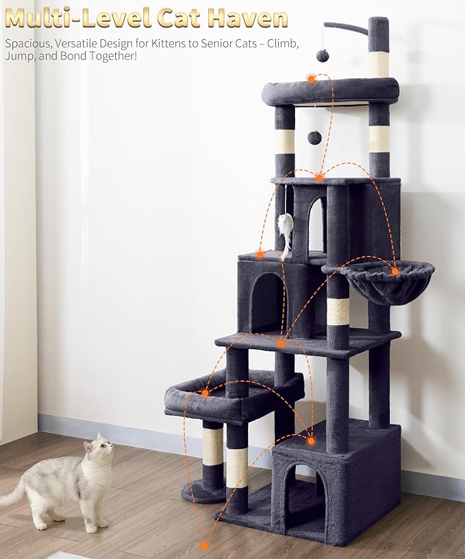 Heavy Duty Cat Tree for Indoor Cat, 74 Inch Cat Tower with Scratching Post, Hanging Basket, Cat Condo with Large Platform for Large Cats, PMT04DG, Dark Grey