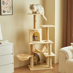 Deluxe Cat Tree Tower, 132cm Multi-Level Climbing Structure with Condo, Hammocks, Platforms, Beige Plush, Indoor Activity Center