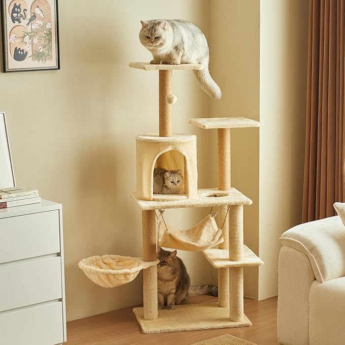 Deluxe Cat Tree Tower, 132cm Multi-Level Climbing Structure with Condo, Hammocks, Platforms, Beige Plush, Indoor Activity Center