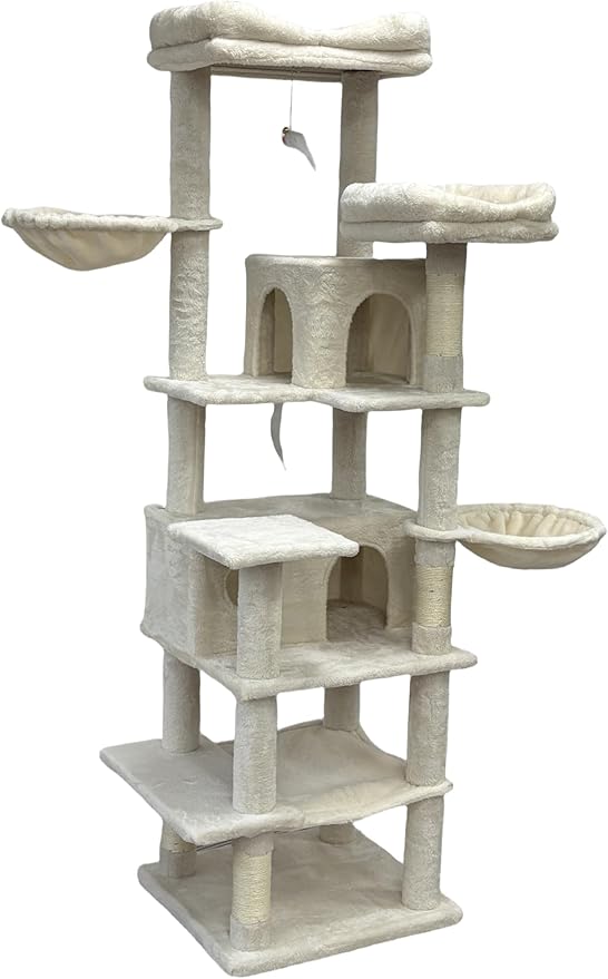 Montary 68" Multi-Level Tall Cat Tree Tower: with Removable Cushion, Hammock, Cozy Cat Nest, Interactive Toy& Comfortable Fabric,Beige