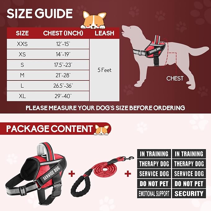 Service Dog Vest Harness and Leash Set, Animire in Training Dog Harness with 10 Dog Patches, Reflective Dog Leash with Soft Padded Handle for Small, Medium, Large, and Extra-Large Dogs (RED,XL)