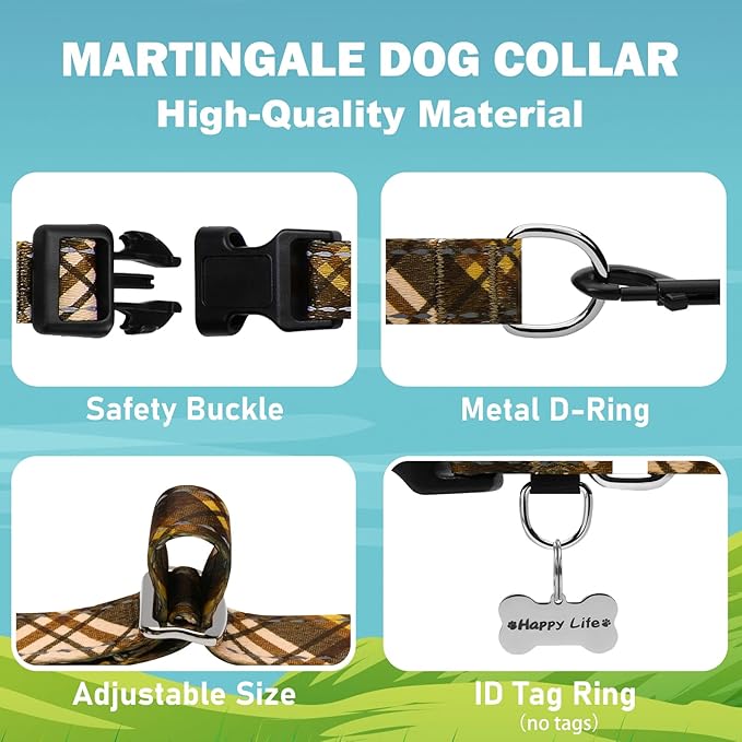 Fall Reflective Martingale Collar for Dogs with Quick Release Buckle Autumn Dog Collars (Brown Plaid, Large)