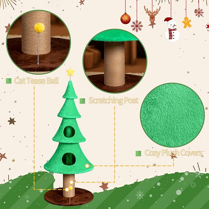 59 Inches Christmas Cat Tree for Indoor, Cat Tower with 2 Condos and Scratching Post,Christmas Tree Party Decoration Activity Center Play House (Green-1)