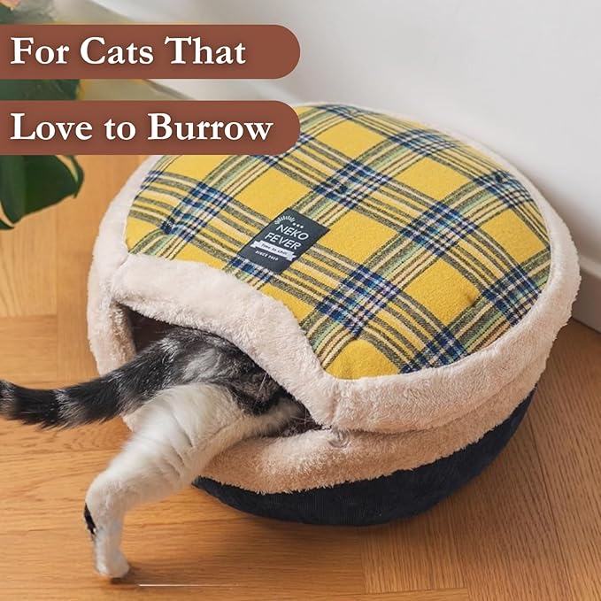 Cat Bed Cave – Enclosed Self Warming Hideaway with Detachable Lid & Mat, Covered House for Indoor Kitten & Kitty (Yellow)