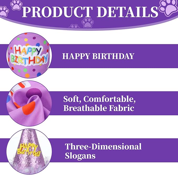 Dog Birthday Hat with Glitter Bandana Dress Set Puppy Birthday Party Supplies Cute Tutu Skirt Costume Outfit for Small Medium Large Dogs Cats Kitten Pet Decorations Purple