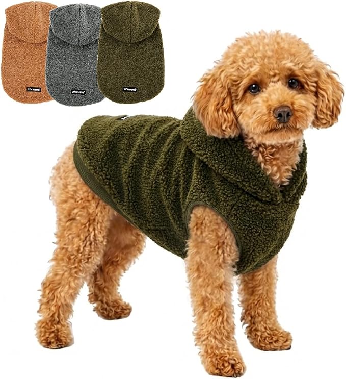 Tuff Pupper Fleece Dog Hoodie Sweater | Teddy Sherpa Outer & Soft Polar Fleece Lining | Adjustable Fit Winter Coat with Hood, Leash Hole, Ribbed Cuffs | For Small Medium Large XL XXL Dogs (Olive, XXS)