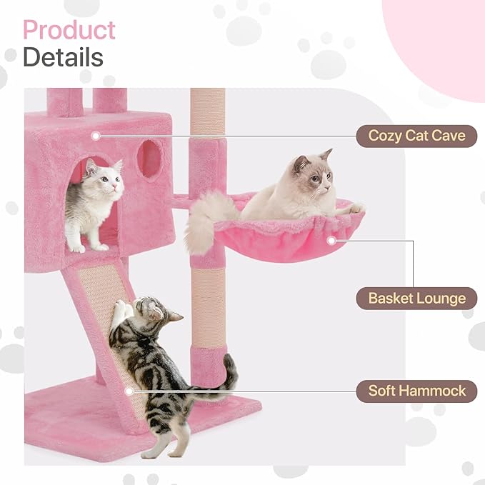 36 Inch Cat Tower for Indoor Cats, Multi Level Cat Condo with Scratching Post, Ramp, Plush Perch, Cat Cave, Basket, Cat Activity Center w/Ball for Small Space, Soft Pink
