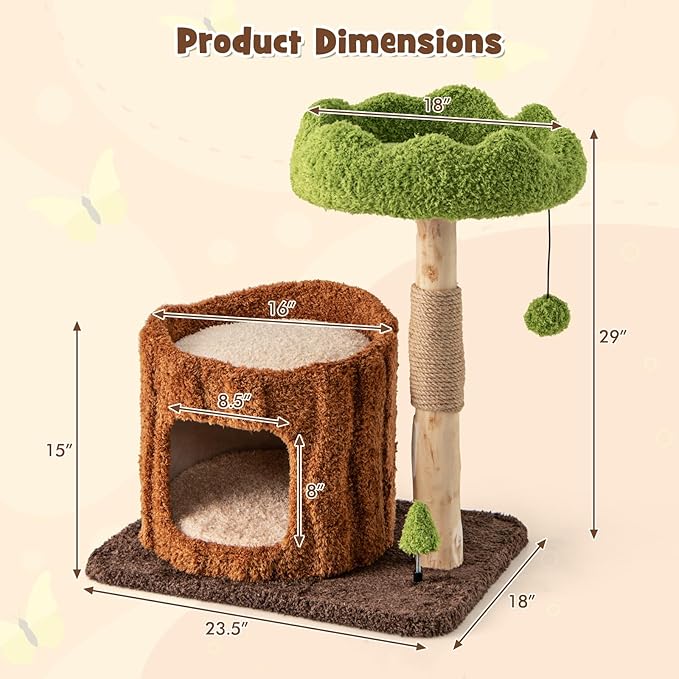 PETSITE 29 Inch Small Cat Tree for Indoor Cats, Modern Wooden Cute Cat Tree with Jute Scratching Post, Tree-Shaped Spring Toy, Teasing Hanging Ball and Teddy Fleece Covered Condo