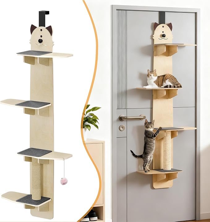 Door Hanging Cat Shelf, 4-Tiers Vertical Cat Tree Over The Door, Over the Door Cat Climber with Kitten Scratching Post, Pads, Tease Ball,Doors Cats Ladder for Indoor Kittens Jumping & Playing 170cm