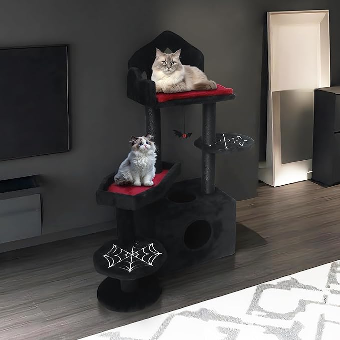Gothic Cat Tree Tower 44.5" - Spooky Cat Condo with Throne Bed, Hanging Bat, Sisal Scratching Posts & Multi - Level Platforms, Elegant Black Cat Furniture for Indoor Cats