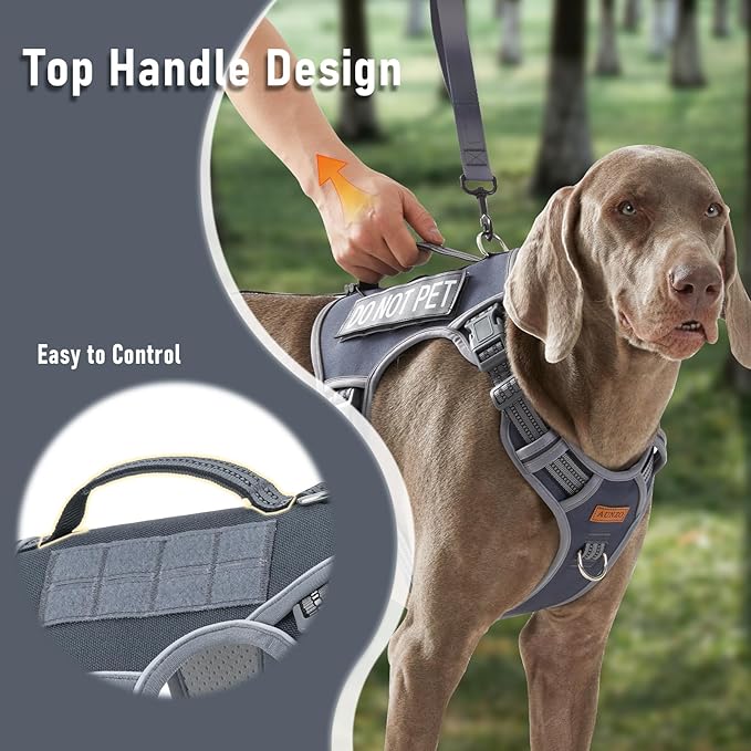 Gray Tactical Dog Harness for Large Dog Breeds, No Pull Adjustable Pet Harness with Handle, Reflective K9 Military Service Dog Vest for Walking Hiking Training, Gray, XL