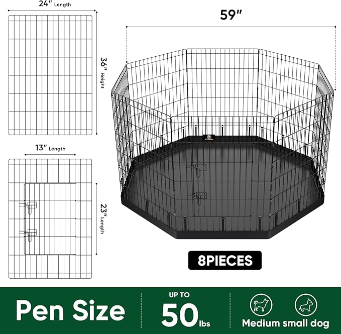 PJYuCien Dog Playpen with Bottom Pad - Metal Foldable Exercise Pen, 8 Panels 36" H x 24" W Indoor Outdoor Pet Fence Puppy Crate Kennel, Black