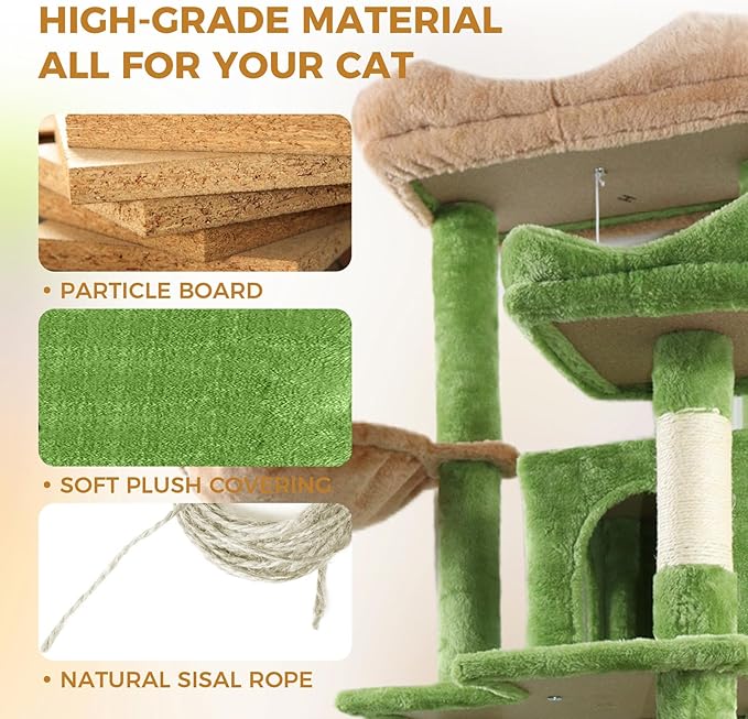 Anwick 68" Tall Cat Tree Tower with Scratching Posts, Cat House with Hammocks, Cat Condos for Indoor Cats, Removable Cushions, Multi-Level Cat Playground (Green)