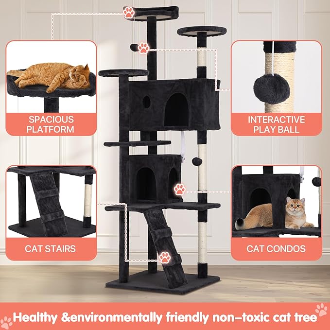 Cat Tree with Scratching Post,Cat Tower House for Indoor Large Adult Cats Kittens,21x21x70in Multi-Level Activity Cat Cando Furniture,Dark Grey