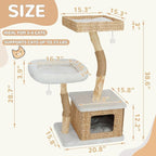 Modern Cat Tree Tower for Indoor Cats - Multi-Level Solid Wood Cat Condo w/Caves, 2 Large Perches, Scratching Posts, Hanging Toy for Large Cats Adult - Luxury Boho Pet Furniture