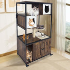 GarveeHome Cat Tree with Litter Box Enclosure 57.5 in H Wooden Cat Tower Cabinet with Wheels Dog Proof Corner Hidden Litter Box with Condo, Hammock and Scratching Post Retro Brown