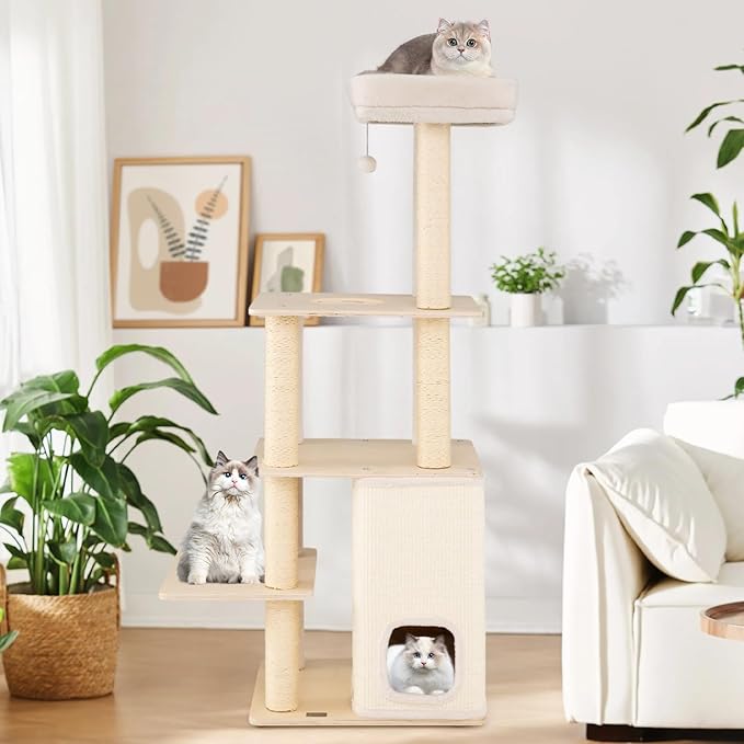 63" Tall Wooden Cat Tree, Indoor Kitten Tower with 2-Story Condo, Plush Padded Top Perch, Sisal Scratching Posts & Mat, Dangling Ball, Multi-Level Climbing Stand, Modern Indoor Pet Furniture