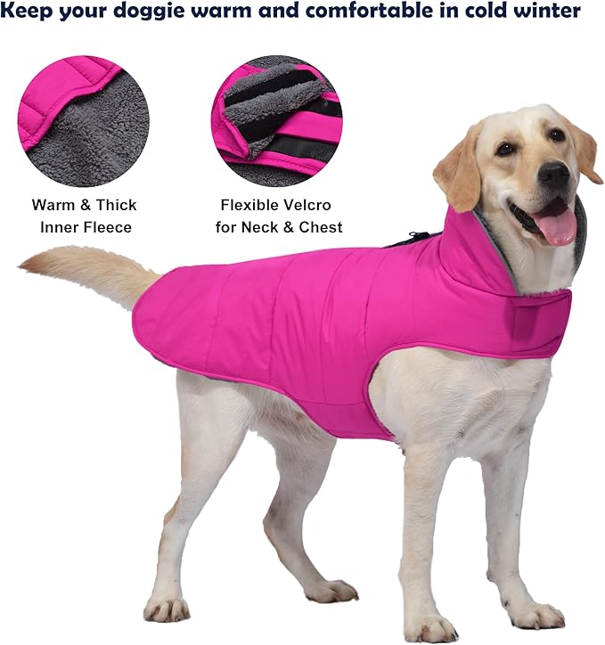 Dog Winter Coat, Waterproof Dog Jacket with Leash Hole, Reflective Adjustable Pet Snow Vest, Warm Fleece Sweater for Small Medium Large Dogs - Pink, S