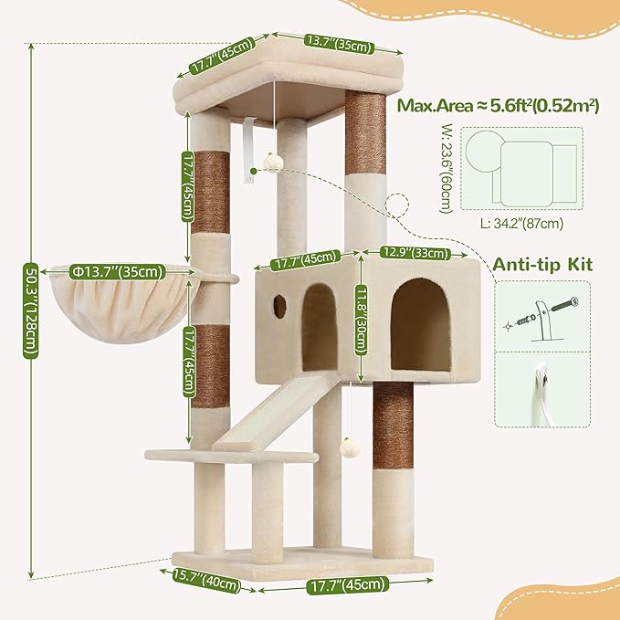 Globlazer Extra Thick Scratching Posts Tower Sturdy 50-inch Corner Cat Tree Tower for Indoor Cats, Cat Tower for Adult Cats with Scratching Board, Kitty Condo, Basket, S50, Beige