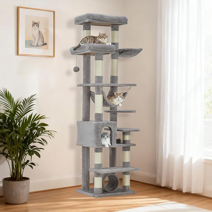 74" Tall Cat Tree for Large Cats with Scratching Posts, Condo, Perches, Hammock, Tunnel & Feeding Station