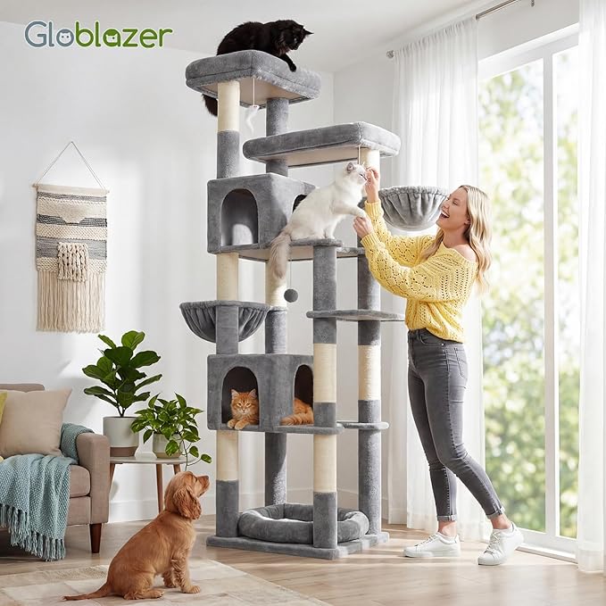 Globlazer Heavy Duty Cat Tree, 81 inch Extra Large Cat Tree for Indoor Cats Large Adult, Sturdy Cat Tower with 8 Scratching Post, 2 Cat Condos, 2 Platform, S81C, Light Grey