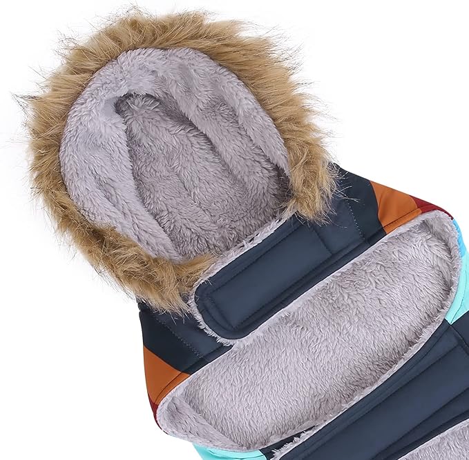 HDE Dog Puffer Jacket Fleece Lined Warm Dog Parka Winter Coat with Harness Hole Navy Retro Stripe - L