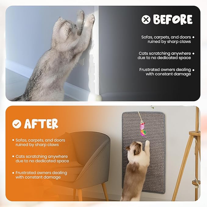 Cat Scratcher mat- Natural Sisal Cat Mat with Anti-Slip Back & Attached Sisal Mouse Toy (Gray)