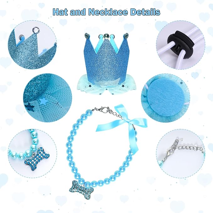 Dog Birthday Party Supplies Dogs Cats Birthday Costume Set Blue Tutu Skirt Dog Cat Birthday Hat Necklace for Puppy Dog Halloween Birthday Wedding Party Costume (Blue)