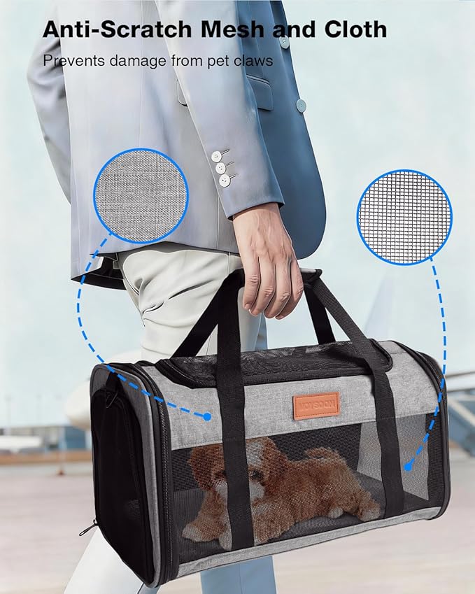 Pet Carrier Airline Approved 17x11x9.5 in - Underseat, Top & Side Entry Soft Dog Cat Travel Carrier with Safety Zippers ＆ Anti-Scratch Mesh for Small Cat and Dog for Pets Up to 10 Lb - Grey