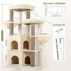 Globlazer Cat Tree Tower for Indoor Cats, Sturdy Adult Cat Tree House for Large Adult Cats with 2 Platform, 6 Cat Scratching Post, 2 Cat Caves, Dangling Toys, S63, 63 inch, Beige