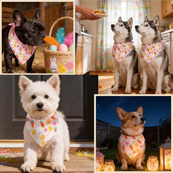 Dog Bandana for Easter Day - Lovely Bunny Carrot Chicken & Daisy Flower Theme, Holiday Pet Costumes Scarf with Adjustable Snap Button, Medium to Large Breeds (30-75lbs)