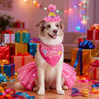 SCENEREAL Dog Birthday Bandana with Hat and Dress Girl Set, Large Dog Birthday Party Supplies, Cute Tutu Skirt Outfit for Medium Big Dogs, Rose Red XL