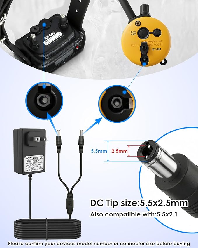 E Collar Charger Dual Lead for Mini Educator 300 400 ET-300 ET-400 Dog Training Collar, Replacement Power Adapter Charging Cable