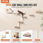VEVOR Wall Mounted Cat Shelves and Perches with Jumping Boards, Nest, Barrier Board & Tree, Floating Furniture up to 40 lbs for Sleeping, Playing, Climbing, Set of 5